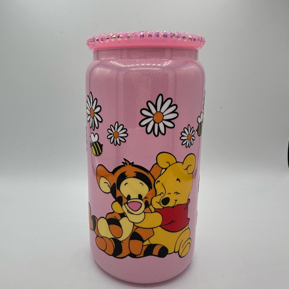 WINNIE THE POOH 16oz shimmer LIBBEY glass with rhinestone lid & straw